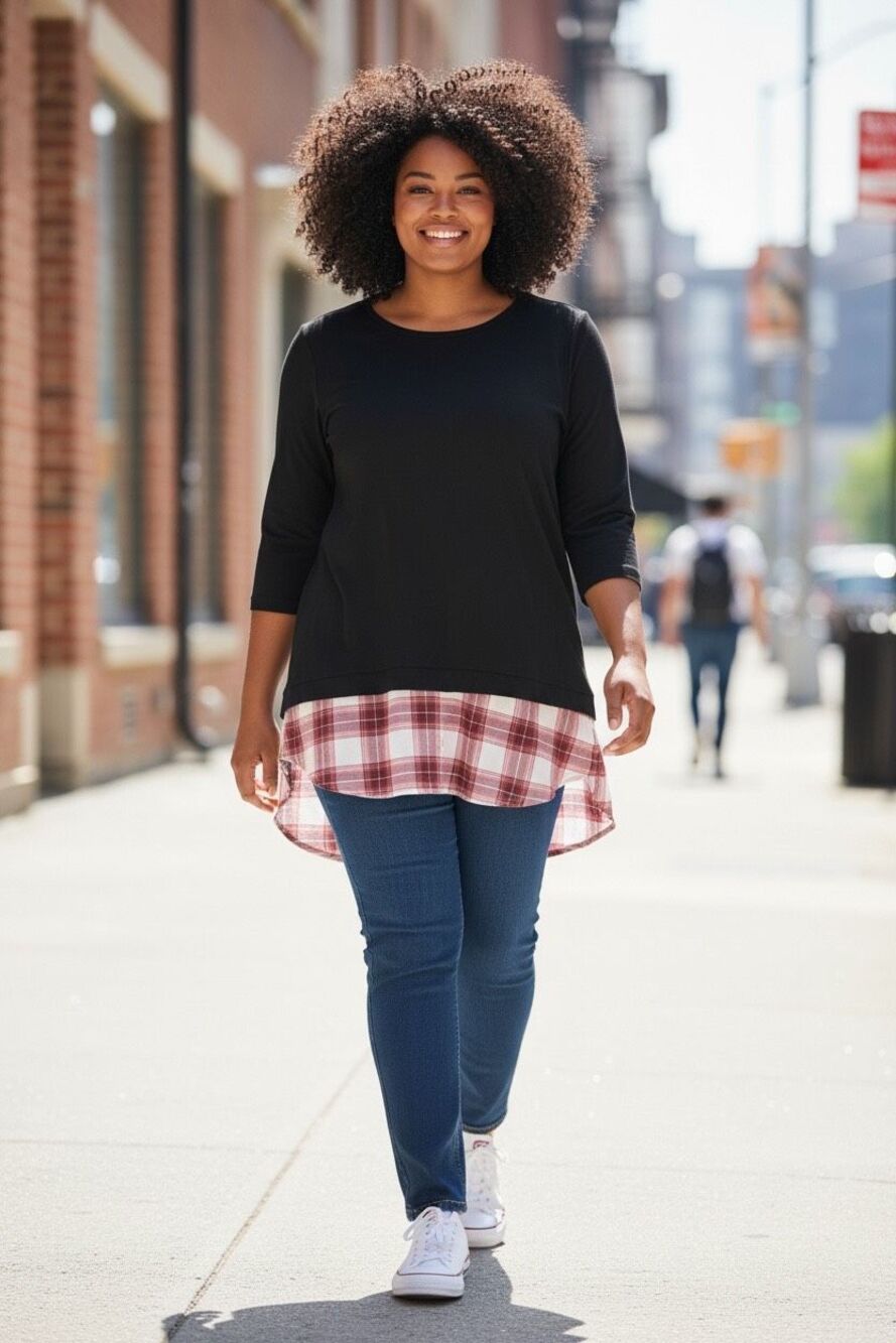 Como Vintage Large Black Plaid Layered Shirttail Top
